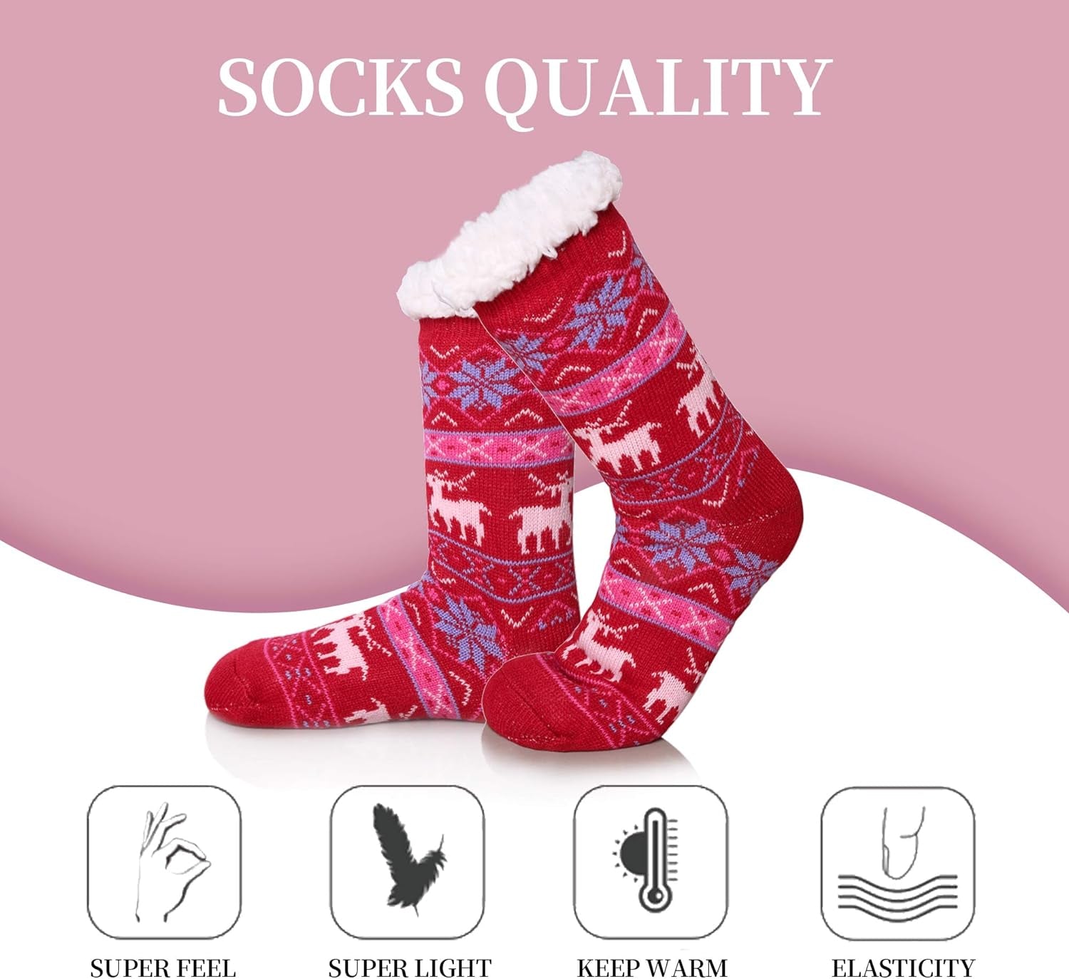 Women'S Winter Super Soft Warm Cozy Fuzzy Snowflake Deer Fleece-Lined with Grippers Slipper Socks