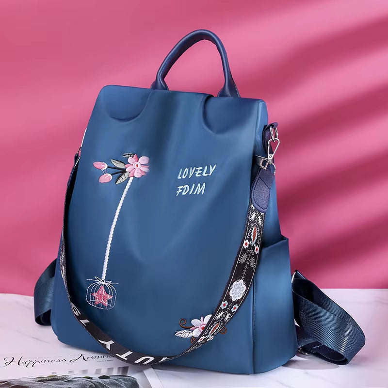 Waterproof Oxford Women Backpack Fashion Anti-Theft School Bag Embroidery Designer Female Large Capacity Travel Shoulder Handbag